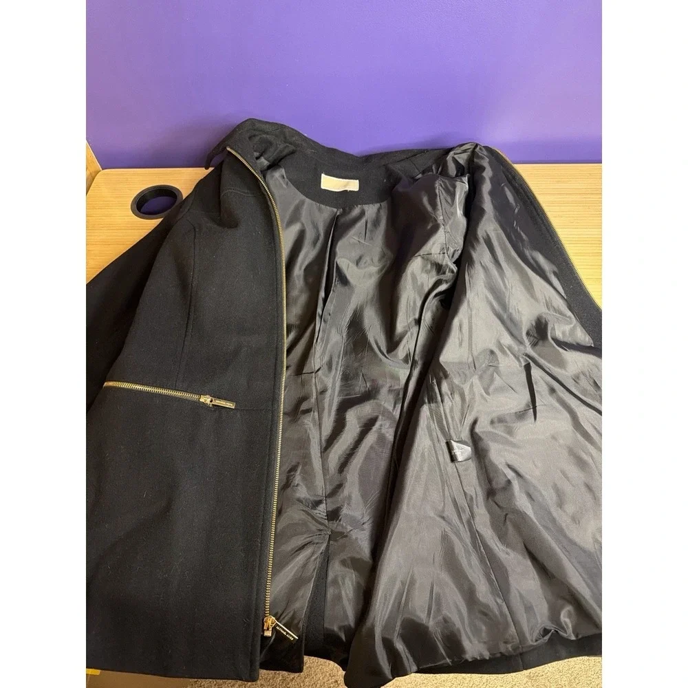 Michael Kors Black Hooded Wool Blend Coat Gold Zip Womens Approx‎ XL
